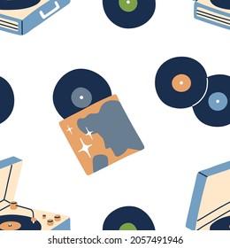 Music vinyl records pattern. Seamless retro background with gramophone discs and old turntable players. Endless texture with repeating print. Flat vector illustration for wrapping and decoration.