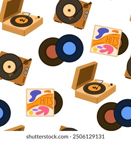 Music vinyl records pattern. Seamless retro background with gramophone discs and old turntable players. Endless texture with repeating print. Flat vector illustration for wrapping and decoration