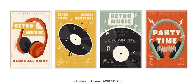 Music vinyl records. Retro musical party poster. Disc turntable and headphones. Jazz concert. DJ dance club. Electronic audio performance. Multimedia headset. Vector garish collage flyers design set