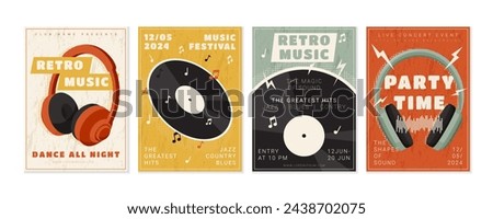 Music vinyl records. Retro musical party poster. Disc turntable and headphones. Jazz concert. DJ dance club. Electronic audio performance. Multimedia headset. Vector garish collage flyers design set