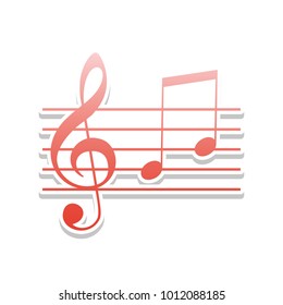 Music violin clef sign. G-clef and notes G, H. Vector. Reddish icon with white and gray shadow on white background. Isolated.