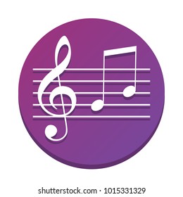 Music violin clef sign. G-clef and notes G, H. Vector. White icon with flat shadow on purpureus circle at white background. Isolated.