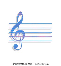 Music violin clef sign. G-clef. Vector. Neon blue icon with cyclamen polka dots pattern with light gray shadow on white background. Isolated.