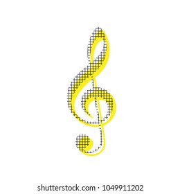 Music violin clef sign. G-clef. Treble clef. Vector. Yellow icon with square pattern duplicate at white background. Isolated.