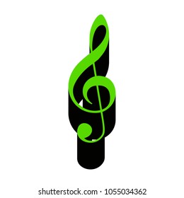 Music violin clef sign. G-clef. Treble clef. Vector. Green 3d icon with black side on white background. Isolated.