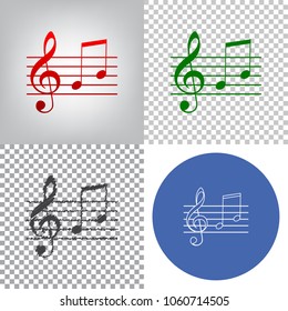 Music violin clef sign. G-clef and notes G, H. Vector. 4 styles. Red gradient in radial lighted background, green flat and gray scribble icons on transparent and linear one in blue circle.