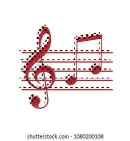 Music violin clef sign. G-clef and notes G, H. Vector. Brown icon with shifted black circle pattern as duplicate at white background. Isolated.