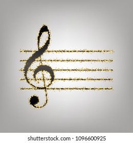 Music violin clef sign. G-clef. Vector. Blackish icon with golden stars at grayish background.