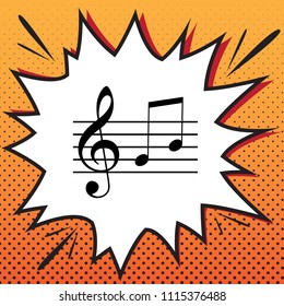 Music violin clef sign. G-clef and notes G, H. Vector. Comics style icon on pop-art background.