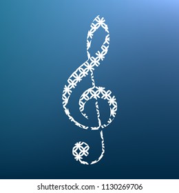 Music violin clef sign. G-clef. Treble clef. Vector. White textured icon at lapis lazuli gradient background.