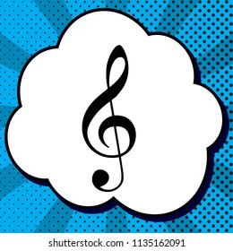 Music violin clef sign. G-clef. Treble clef. Vector. Black icon in bubble on blue pop-art background with rays.