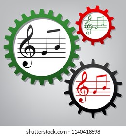 Music violin clef sign. G-clef and notes G, H. Vector. Three connected gears with icons at grayish background.