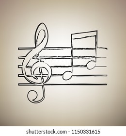 Music violin clef sign. G-clef and notes G, H. Vector. Brush drawed black icon at light brown background.