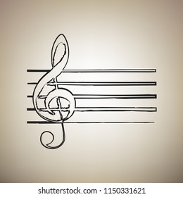 Music violin clef sign. G-clef. Vector. Brush drawed black icon at light brown background.