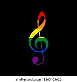 Music violin clef sign. G-clef. Treble clef. Vector. Icon with colors of LGBT flag at black background.