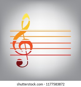 Music violin clef sign. G-clef. Vector. Horizontally sliced icon with colors from sunny gradient in gray background.