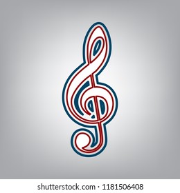 Music violin clef sign. G-clef. Treble clef. Vector. Dark red, transparent and midnight green stroke of white icon at grayish background.