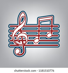 Music violin clef sign. G-clef and notes G, H. Vector. Dark red, transparent and midnight green stroke of white icon at grayish background.