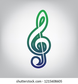 Music violin clef sign. G-clef. Treble clef. Vector. Green to blue gradient contour icon at grayish background with light in center.