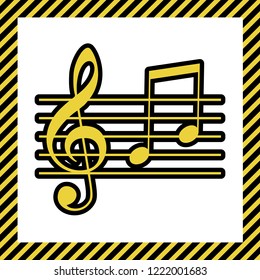 Music violin clef sign. G-clef and notes G, H. Vector. Warm yellow icon with black contour in frame named as under construction at white background. Isolated.