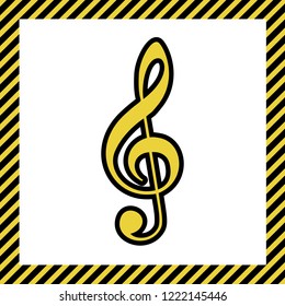 Music violin clef sign. G-clef. Treble clef. Vector. Warm yellow icon with black contour in frame named as under construction at white background. Isolated.