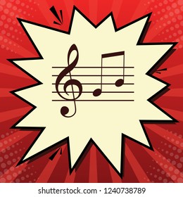 Music violin clef sign. G-clef and notes G, H. Vector. Dark red icon in lemon chiffon shutter bubble at red popart background with rays.