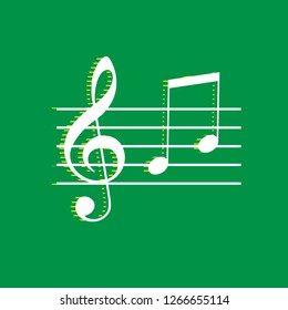Music violin clef sign. G-clef and notes G, H. Vector. White flat icon with yellow striped shadow at green background.