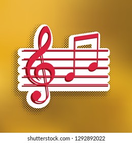 Music violin clef sign. G-clef and notes G, H. Vector. Magenta icon with darker shadow, white sticker and black popart shadow on golden background.
