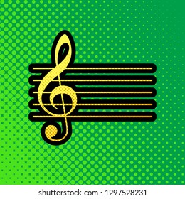 Music violin clef sign. G-clef. Vector. Pop art orange to yellow dots-gradient icon with black contour at greenish background.