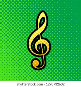 Music violin clef sign. G-clef. Treble clef. Vector. Pop art orange to yellow dots-gradient icon with black contour at greenish background.