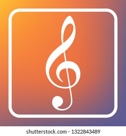 Music violin clef sign. G-clef. Treble clef. Vector. White icon on transparent button at orange-violet gradient background.