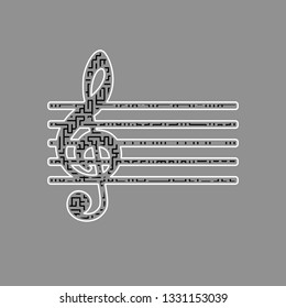 Music violin clef sign. G-clef. Vector. Black maze filled icon with white border at gray background.