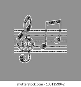 Music violin clef sign. G-clef and notes G, H. Vector. Black maze filled icon with white border at gray background.