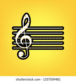 Music violin clef sign. G-clef. Vector. Yellow polka dot white icon with black contour at warm yellow background.