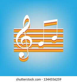 Music violin clef sign. G-clef and notes G, H. Vector. White icon with 3d warm-colored gradient body at sky blue background.