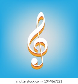 Music violin clef sign. G-clef. Treble clef. Vector. White icon with 3d warm-colored gradient body at sky blue background.