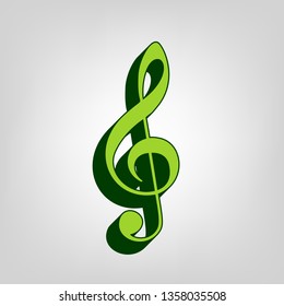 Music violin clef sign. G-clef. Treble clef. Vector. Yellow green solid icon with dark green external body at light colored background.