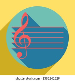 Music violin clef sign. G-clef. Sunset orange icon with llapis lazuli shadow inside medium aquamarine circle with different goldenrod shadow at royal yellow background.