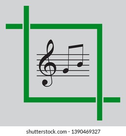 Music violin clef sign. G-clef and notes G, H. Black icon inside green crop tool at light gray background