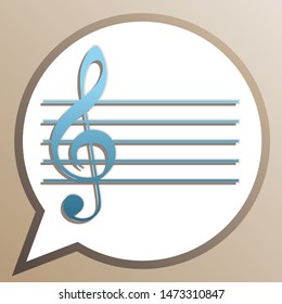 Music violin clef sign. G-clef. Bright cerulean icon in white speech balloon at pale taupe background. Illustration.