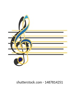 Music violin clef sign. G-clef. Blue icon with gold contour with dark gray shadow at white background. Illustration.