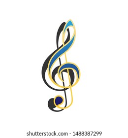 Music violin clef sign. G-clef. Treble clef. Blue icon with gold contour with dark gray shadow at white background. Illustration.