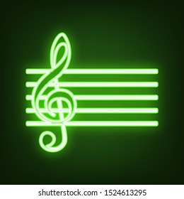 Music violin clef sign. G-clef. Green neon icon in the dark. Blurred lightening. Illustration.