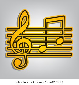 Music violin clef sign. G-clef and notes G, H. Flat orange icon with overlapping linear black icon with gray shadow at whitish background. Illustration.