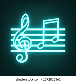 Music violin clef sign. G-clef and notes G, H. Cyan neon icon in the dark. Bluring. Luminescence. Illustration.