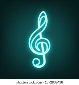 Music violin clef sign. G-clef. Treble clef. Cyan neon icon in the dark. Bluring. Luminescence. Illustration.