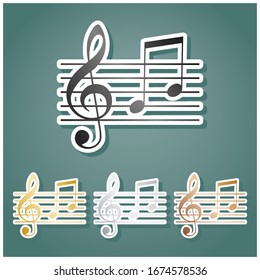 Music violin clef sign. G-clef and notes G, H. Set of metallic Icons with gray, gold, silver and bronze gradient with white contour and shadow at viridan background. Illustration.