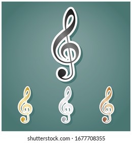 Music violin clef sign. G-clef. Treble clef. Set of metallic Icons with gray, gold, silver and bronze gradient with white contour and shadow at viridan background. Illustration.