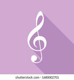 Music violin clef sign. G-clef. Treble clef. White Icon with long shadow at purple background. Illustration.