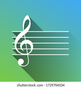 Music violin clef sign. G-clef. White Icon with gray dropped limitless shadow on green to blue background. Illustration.